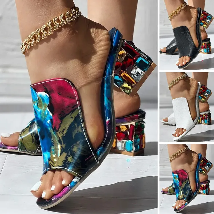 2023 Crocodile Embossed Rhinestone Chunky Heels